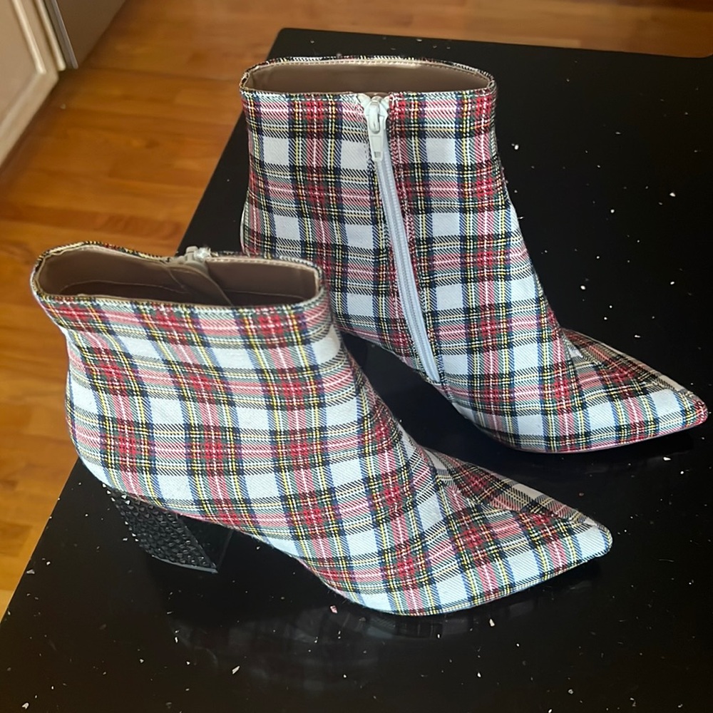 Betsy Johnson Kassie boots.  Plaid.